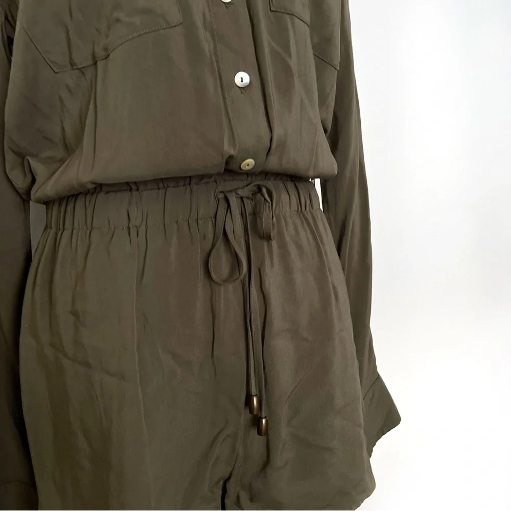 ROMPER JUMPSUIT OLIVE GREEN Forever 21 Button Long sleeve Elastic Waist Tie Siz… - Picture 6 of 15